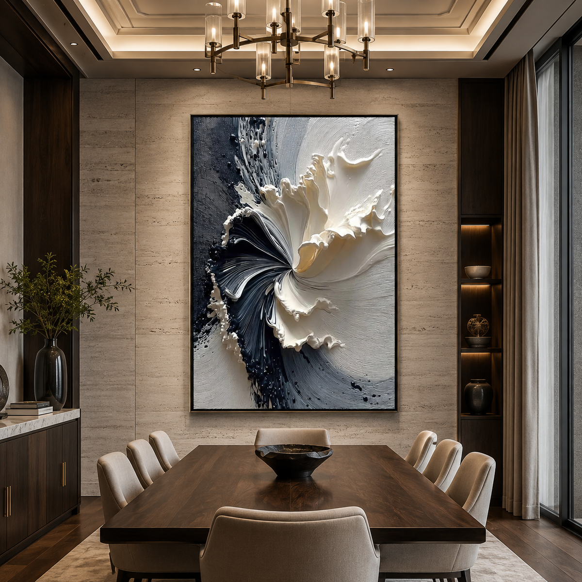 Noir Bloom-Black White Sculptural Floral Painting