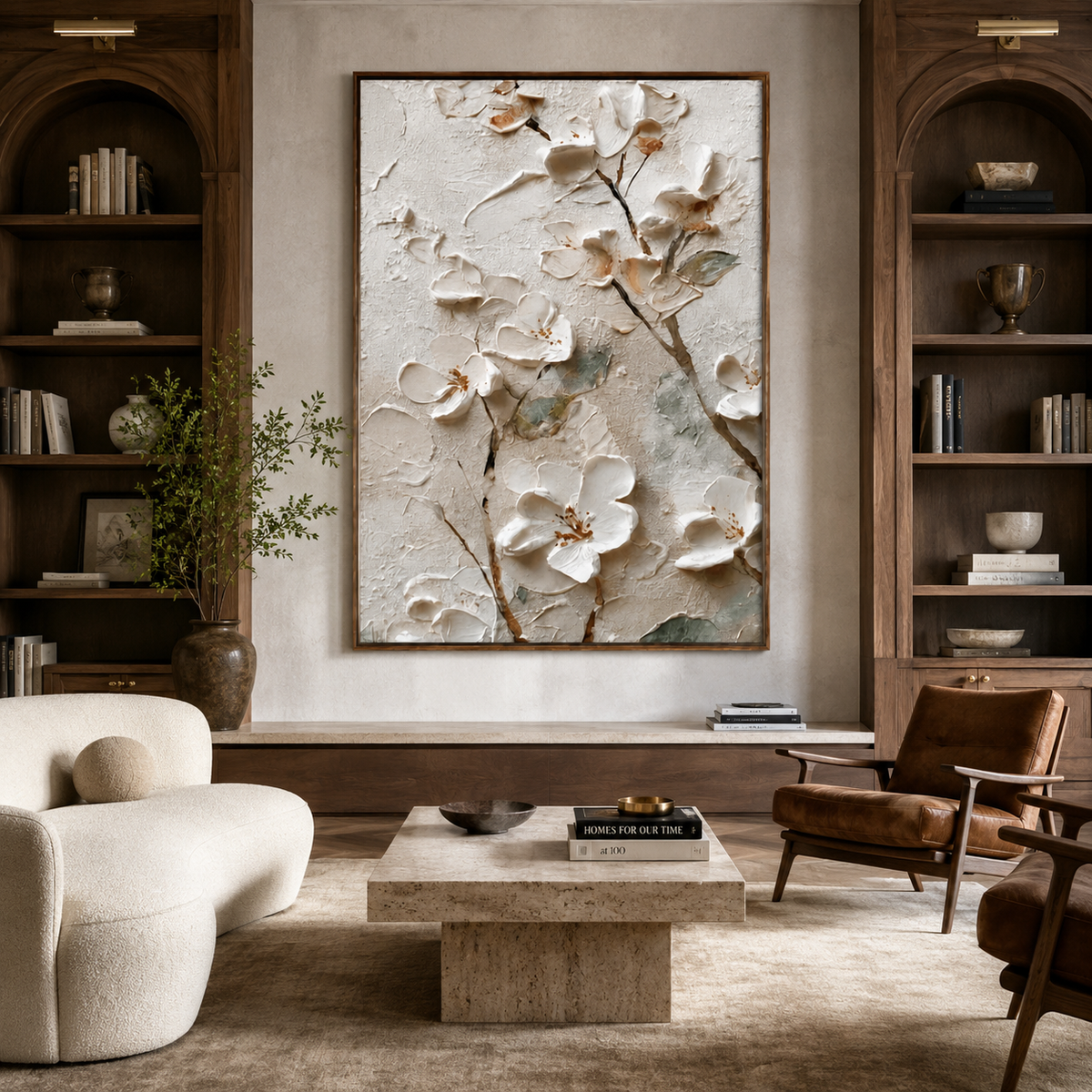 Ivory Blossom Branch-Textured Floral Painting