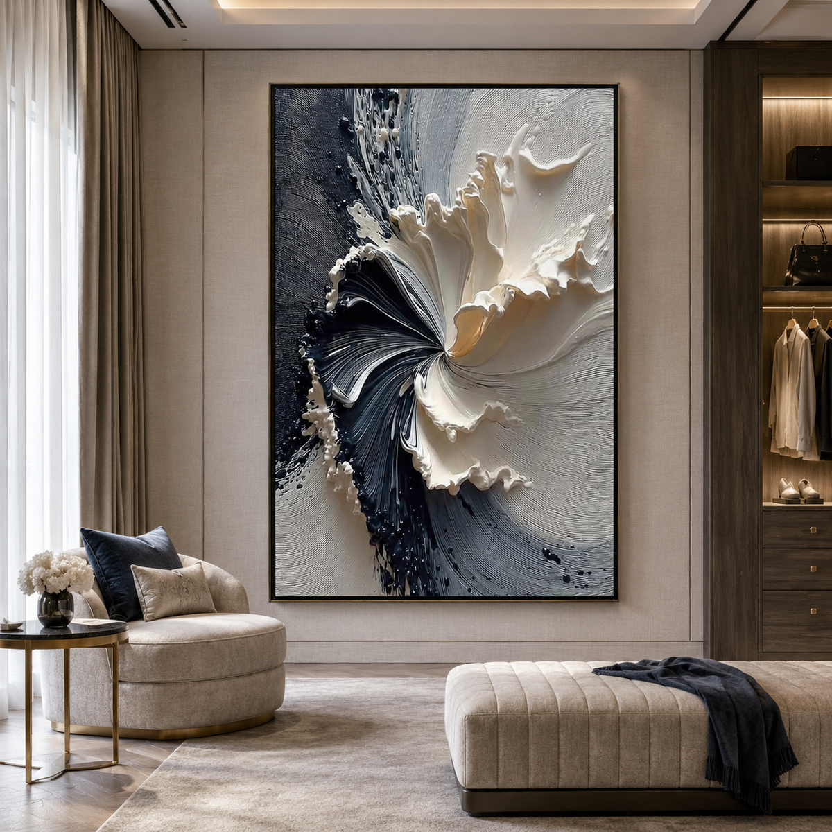 Noir Bloom-Black White Sculptural Floral Painting