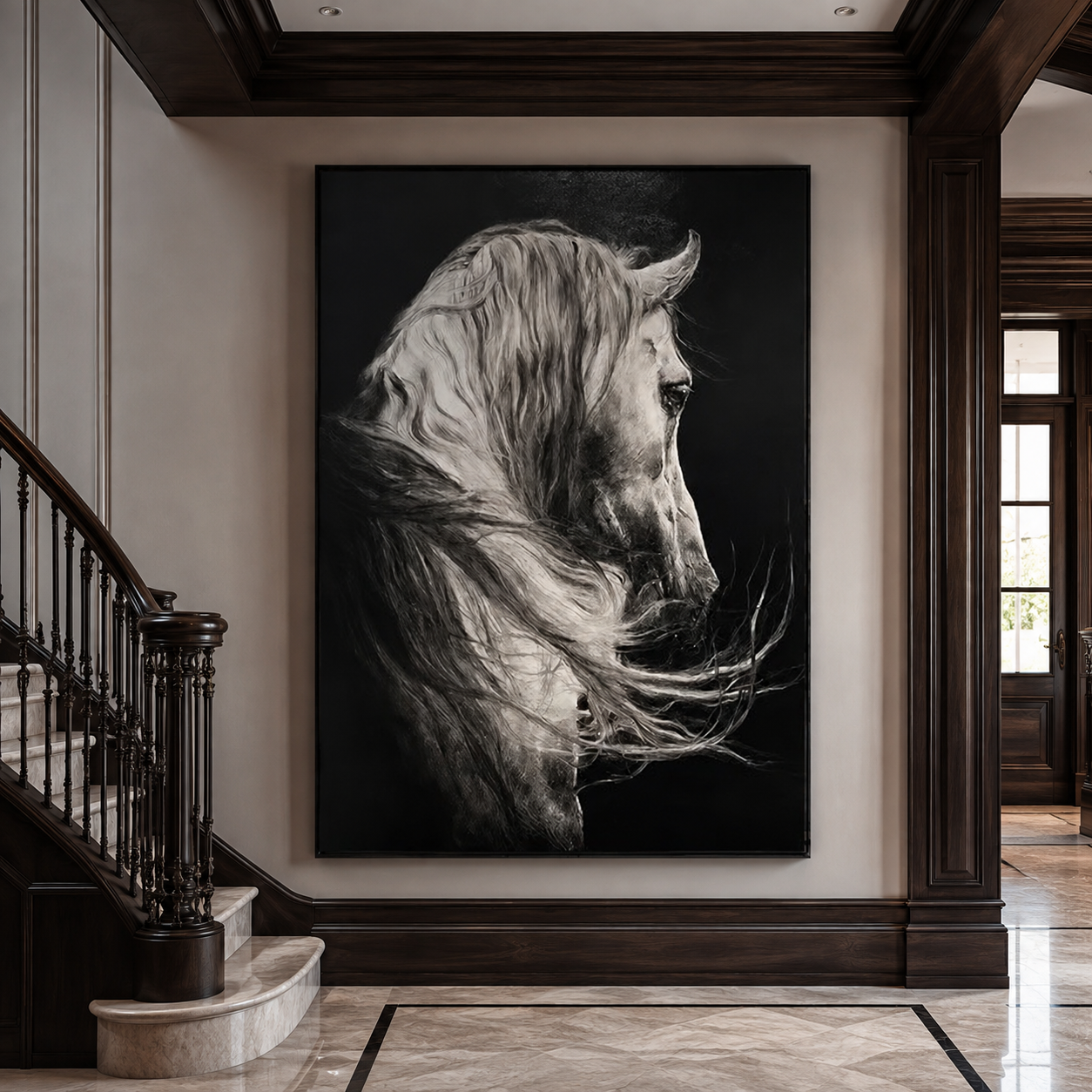 Monochrome Stallion-Black Horse Portrait Painting