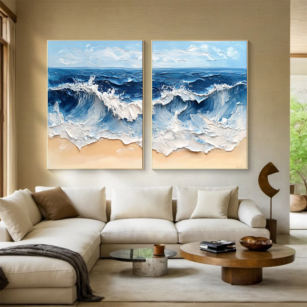 Twin Breakers-Blue Ocean Wave Diptych Painting