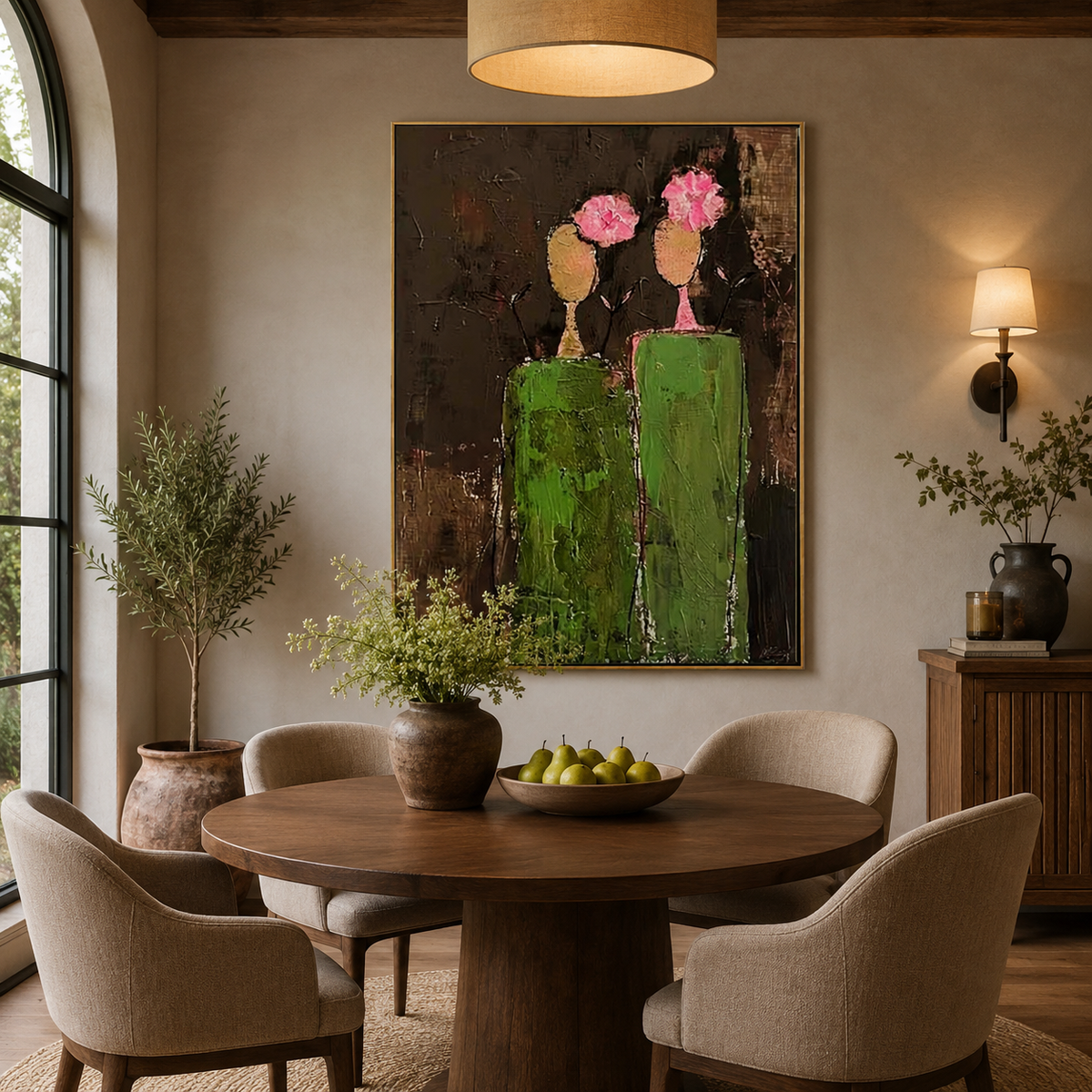 Rose Companions-Green Figurative Couple Painting