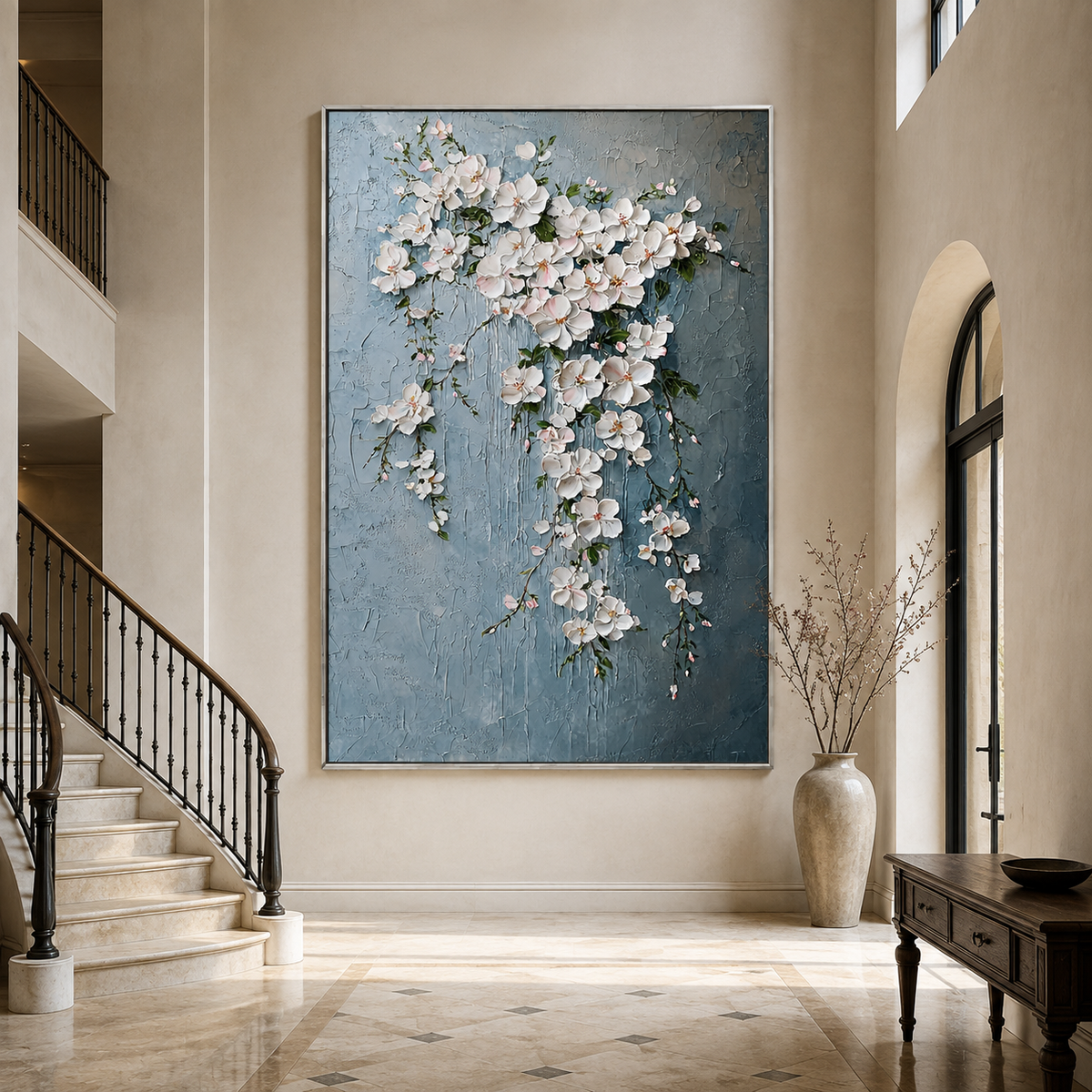 Cascading Blossom-White Floral Oil Painting