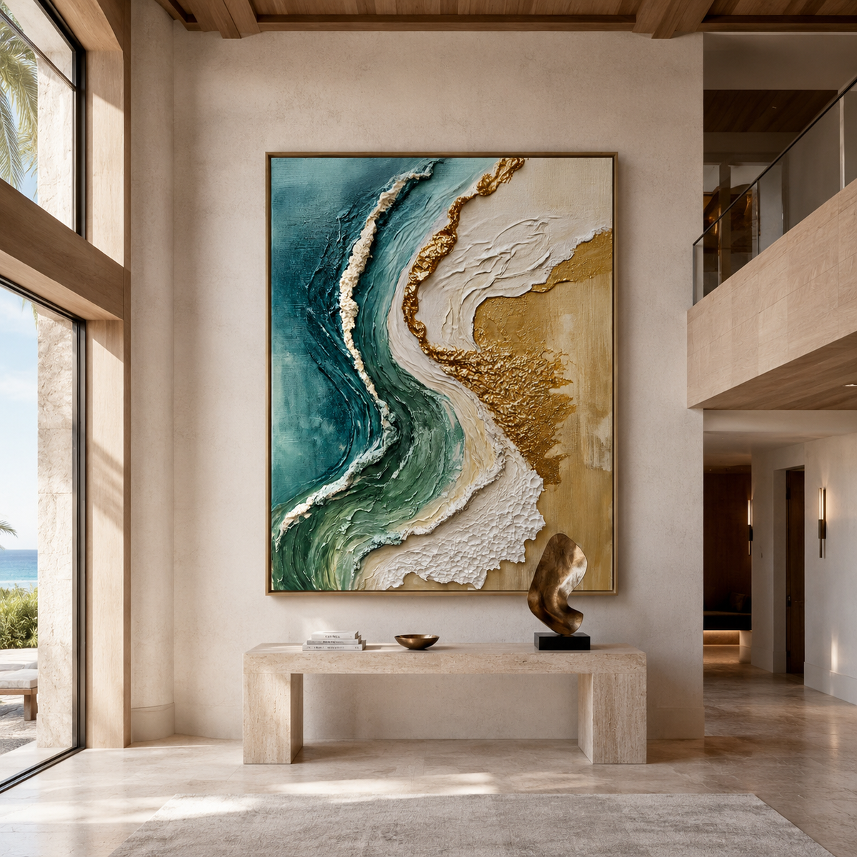 Gilded Tide-Teal Gold Coastal Abstract Painting