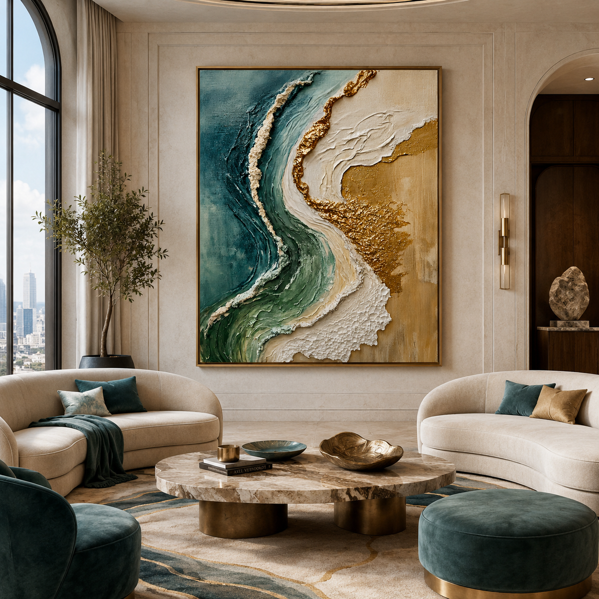 Gilded Tide-Teal Gold Coastal Abstract Painting