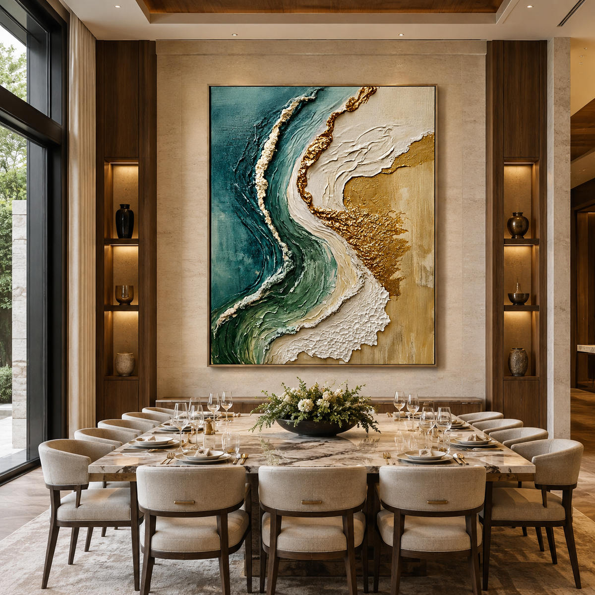 Gilded Tide-Teal Gold Coastal Abstract Painting