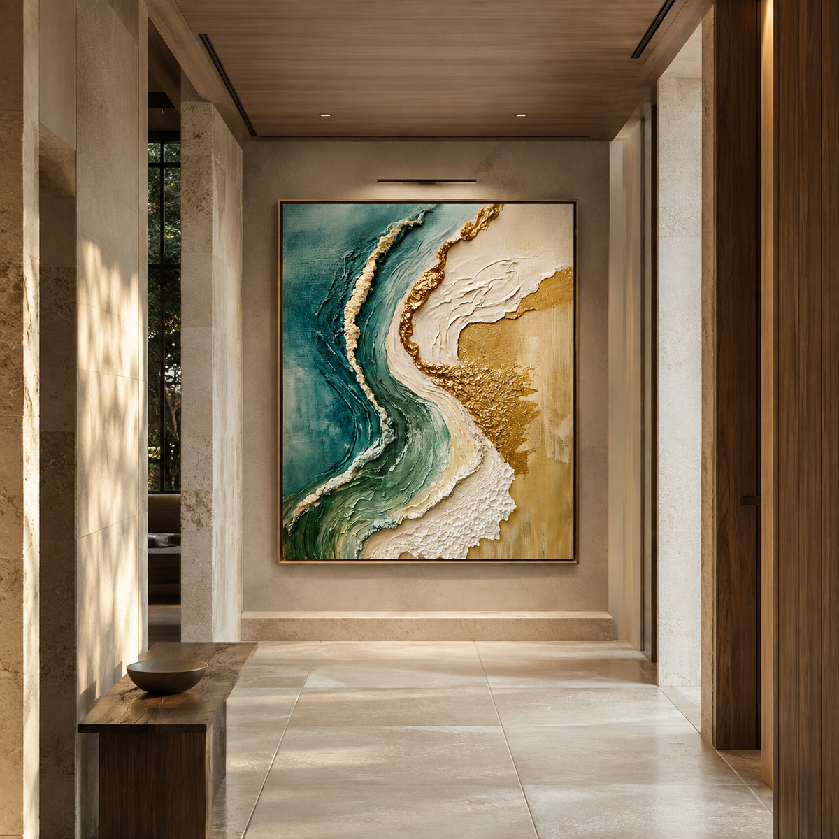 Gilded Tide-Teal Gold Coastal Abstract Painting