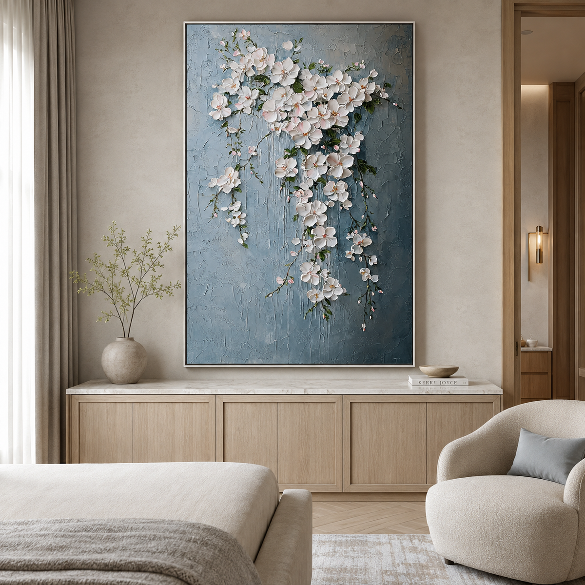 Cascading Blossom-White Floral Oil Painting