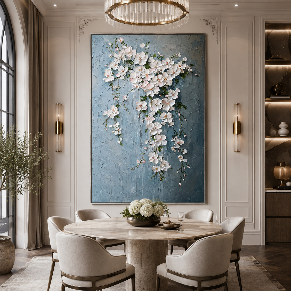 Cascading Blossom-White Floral Oil Painting