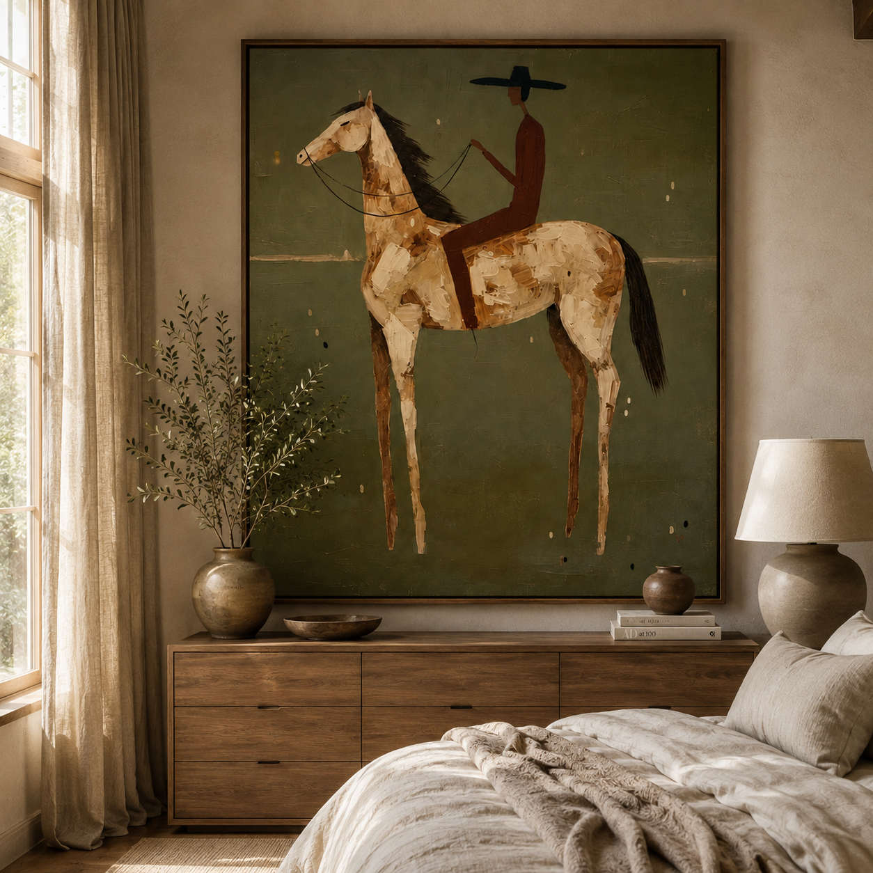 Quiet Rein-Olive Horse Rider Painting