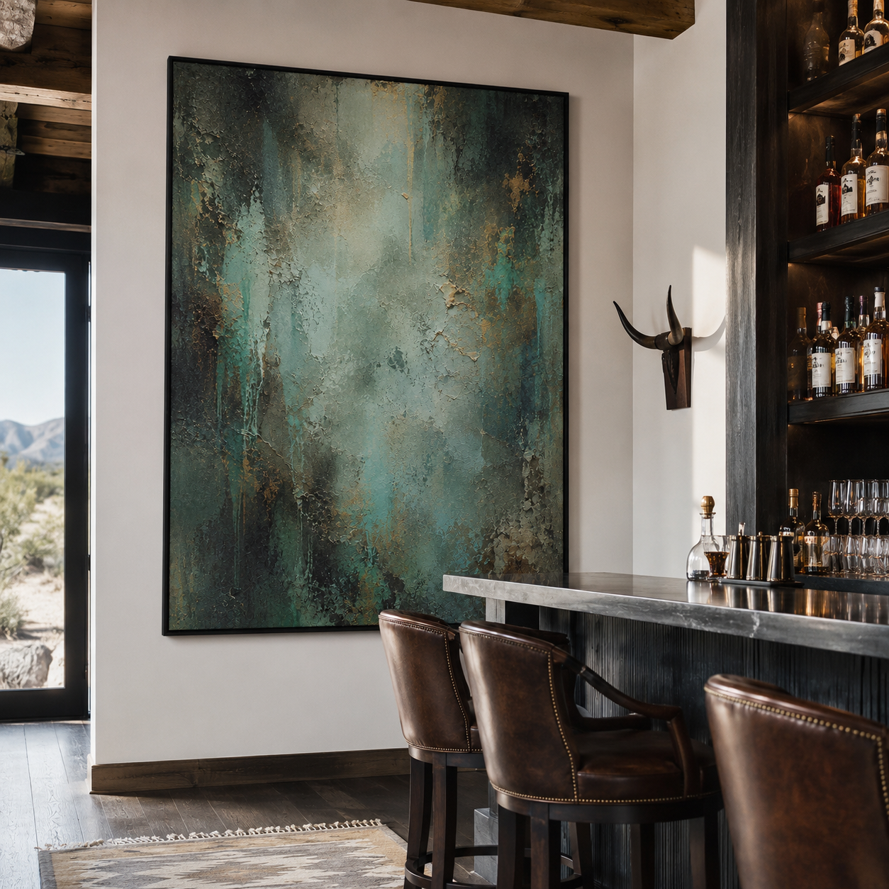 Verdigris Veil-Teal Abstract Oil Painting