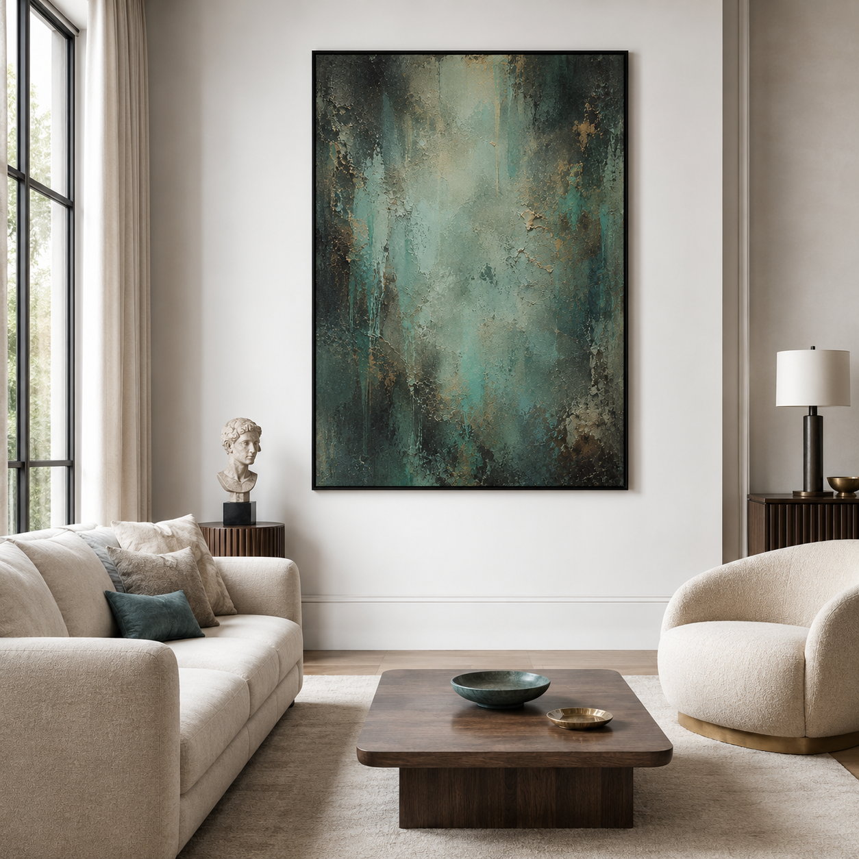 Verdigris Veil-Teal Abstract Oil Painting