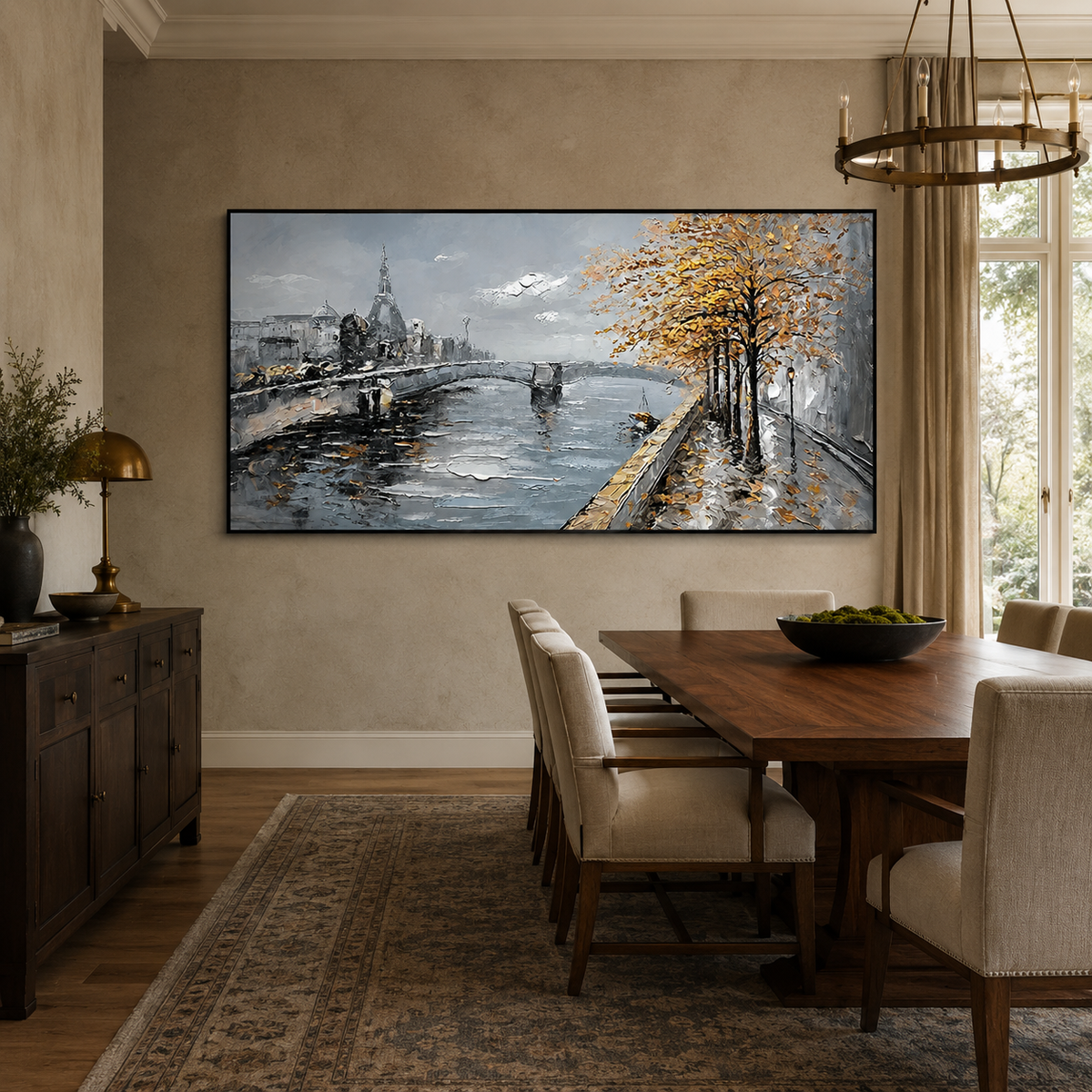 Autumn Riverside Cityscape-Modern Landscape Painting