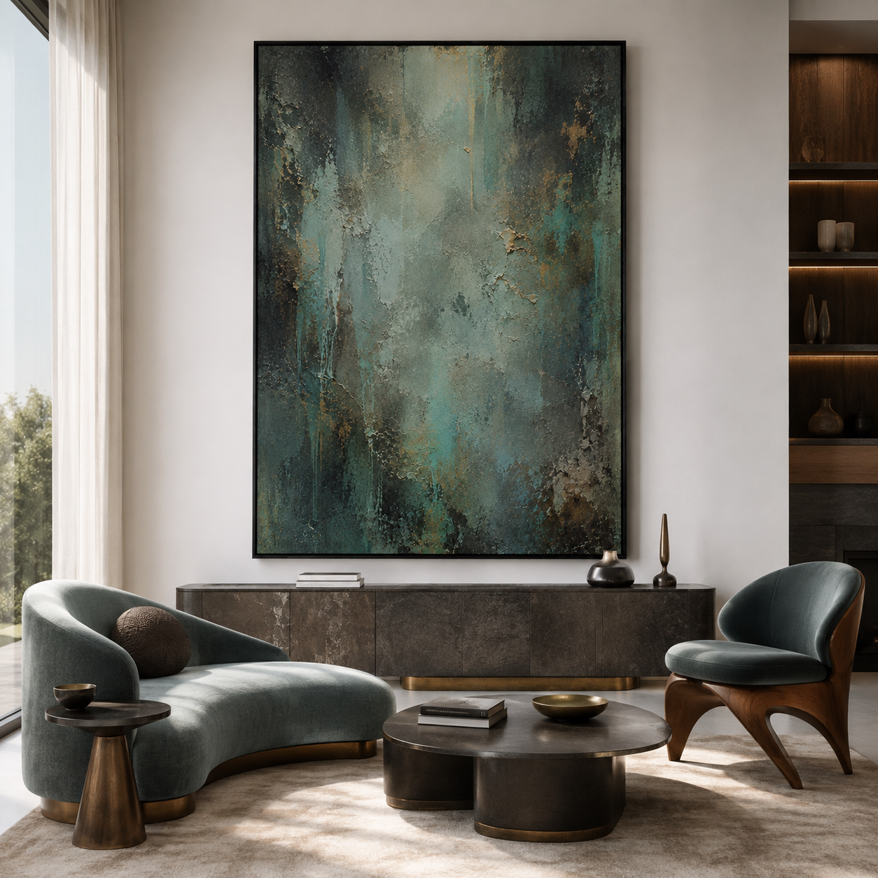 Verdigris Veil-Teal Abstract Oil Painting