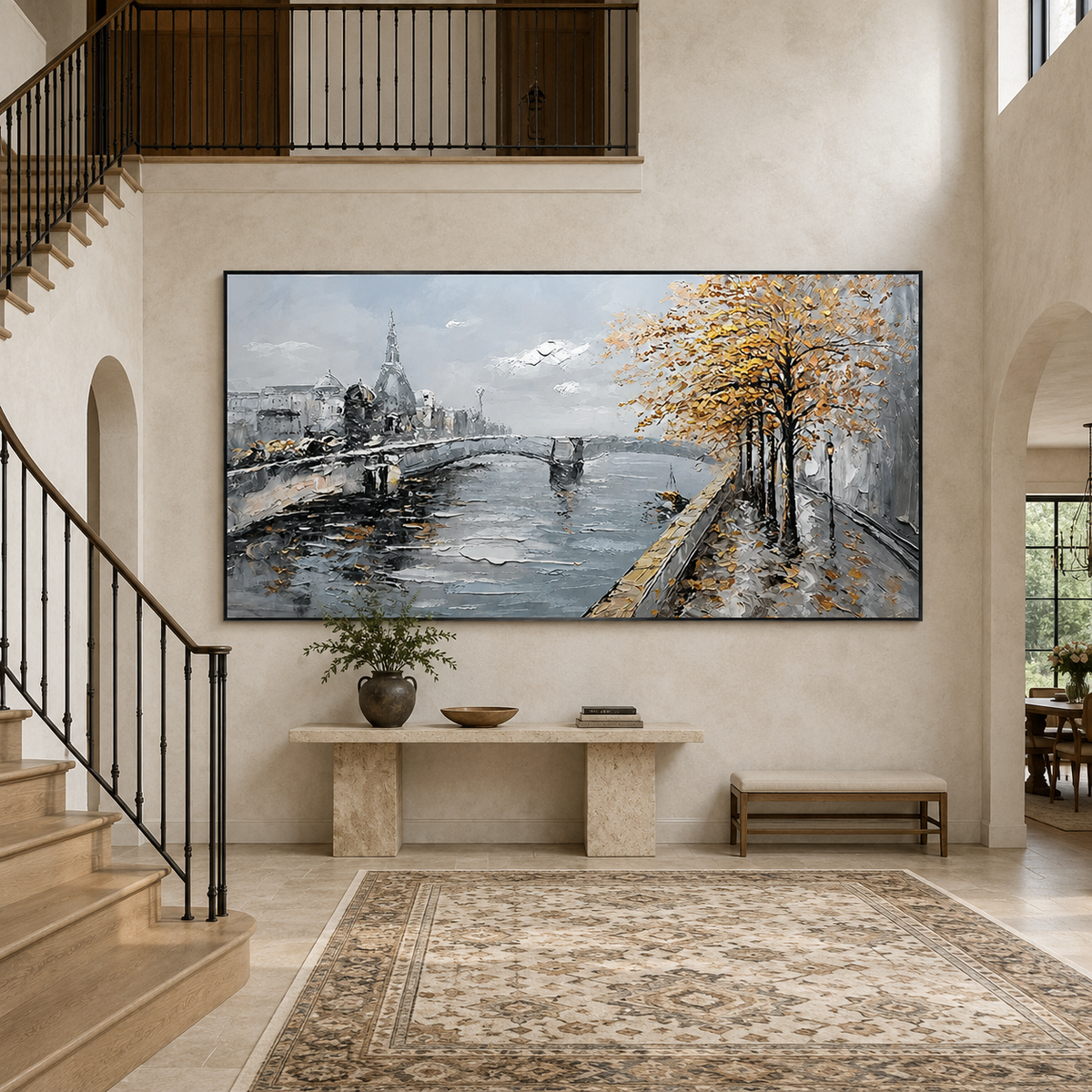 Autumn Riverside Cityscape-Modern Landscape Painting
