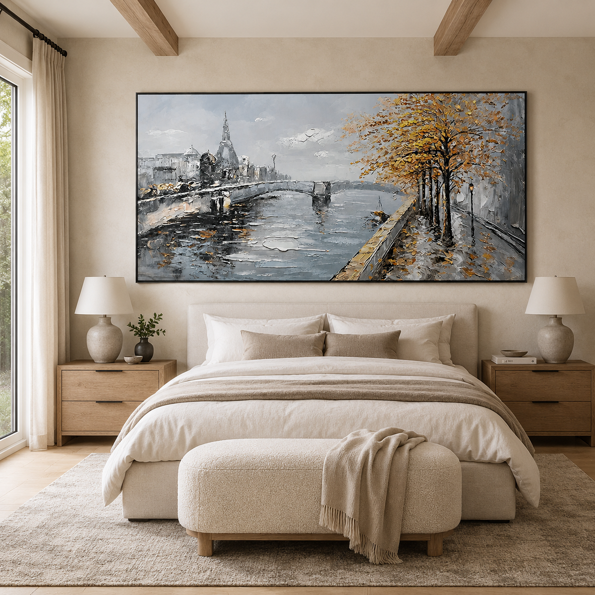 Autumn Riverside Cityscape-Modern Landscape Painting