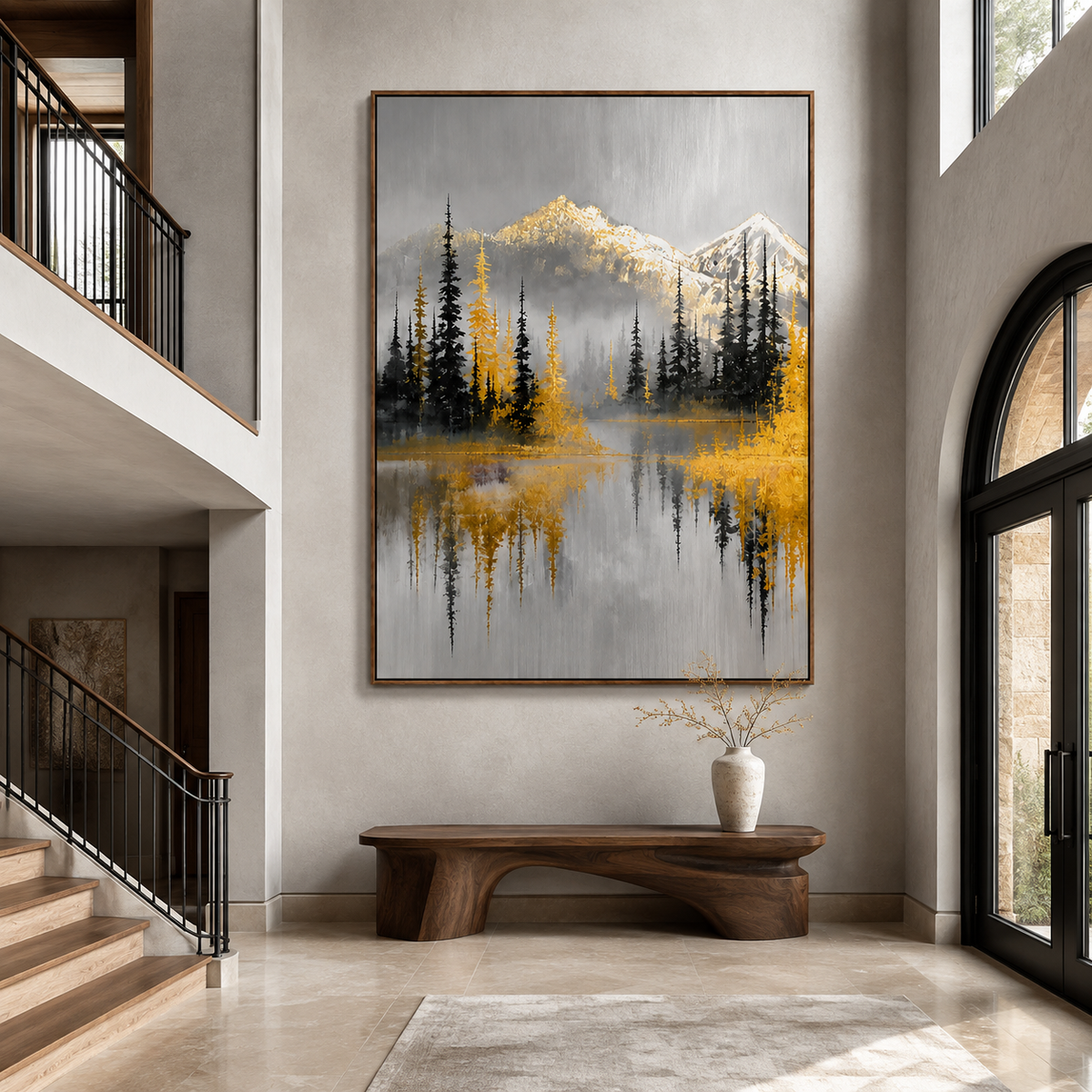 Golden Alpine-Mountain Forest Landscape Painting