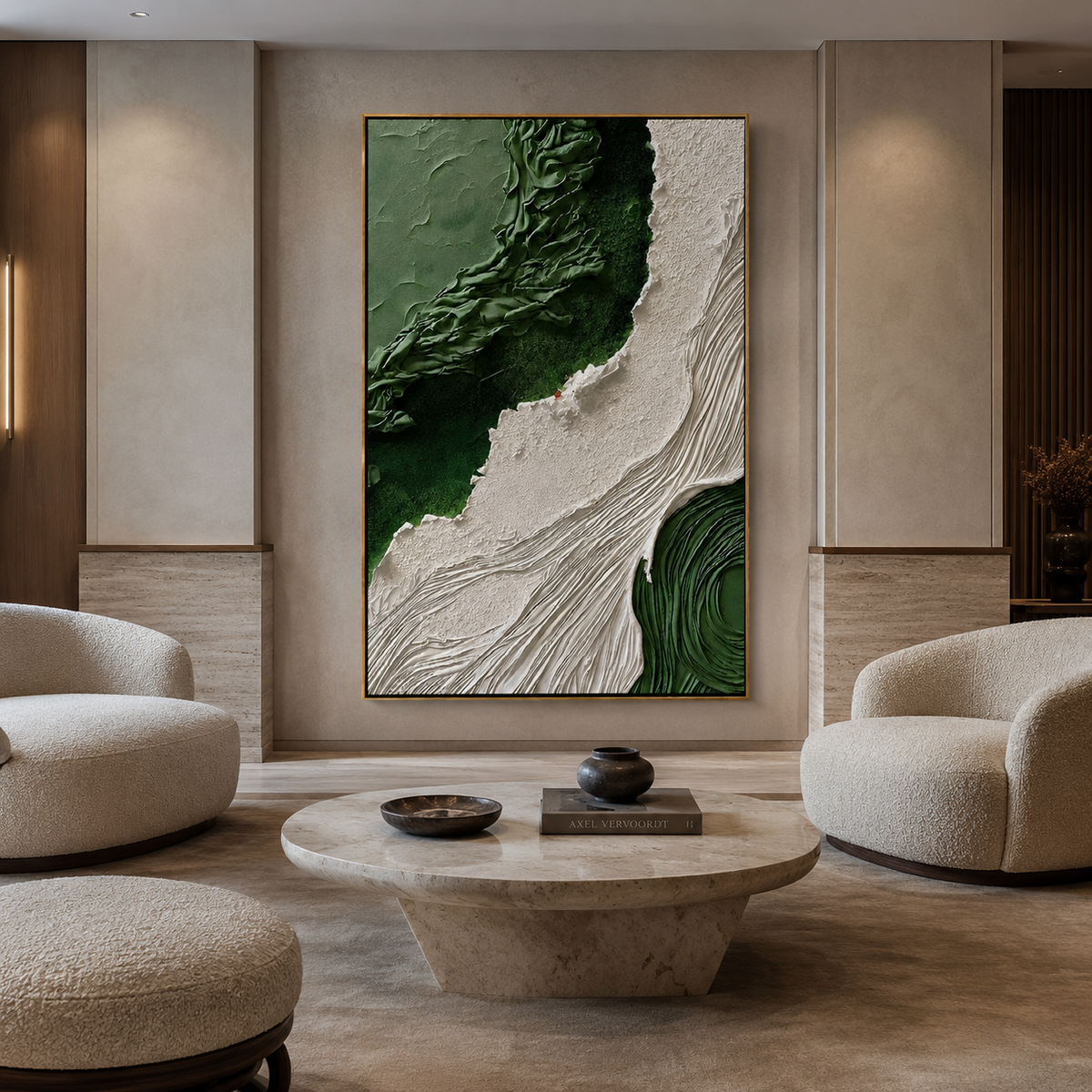 Verdant Rift-Green White Textured Abstract Painting