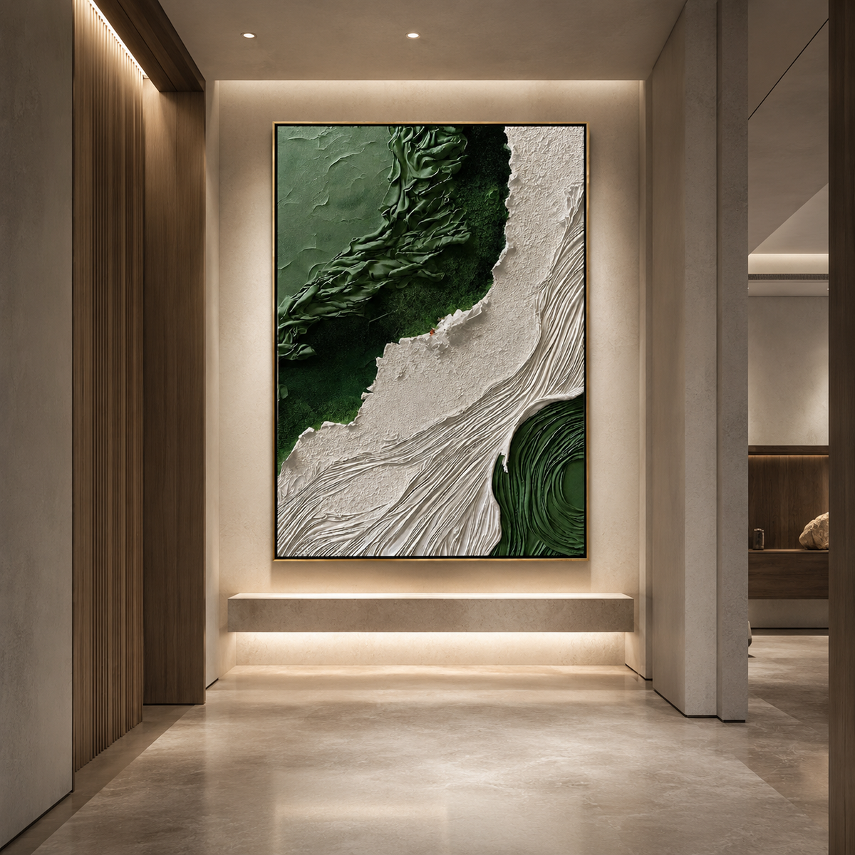 Verdant Rift-Green White Textured Abstract Painting