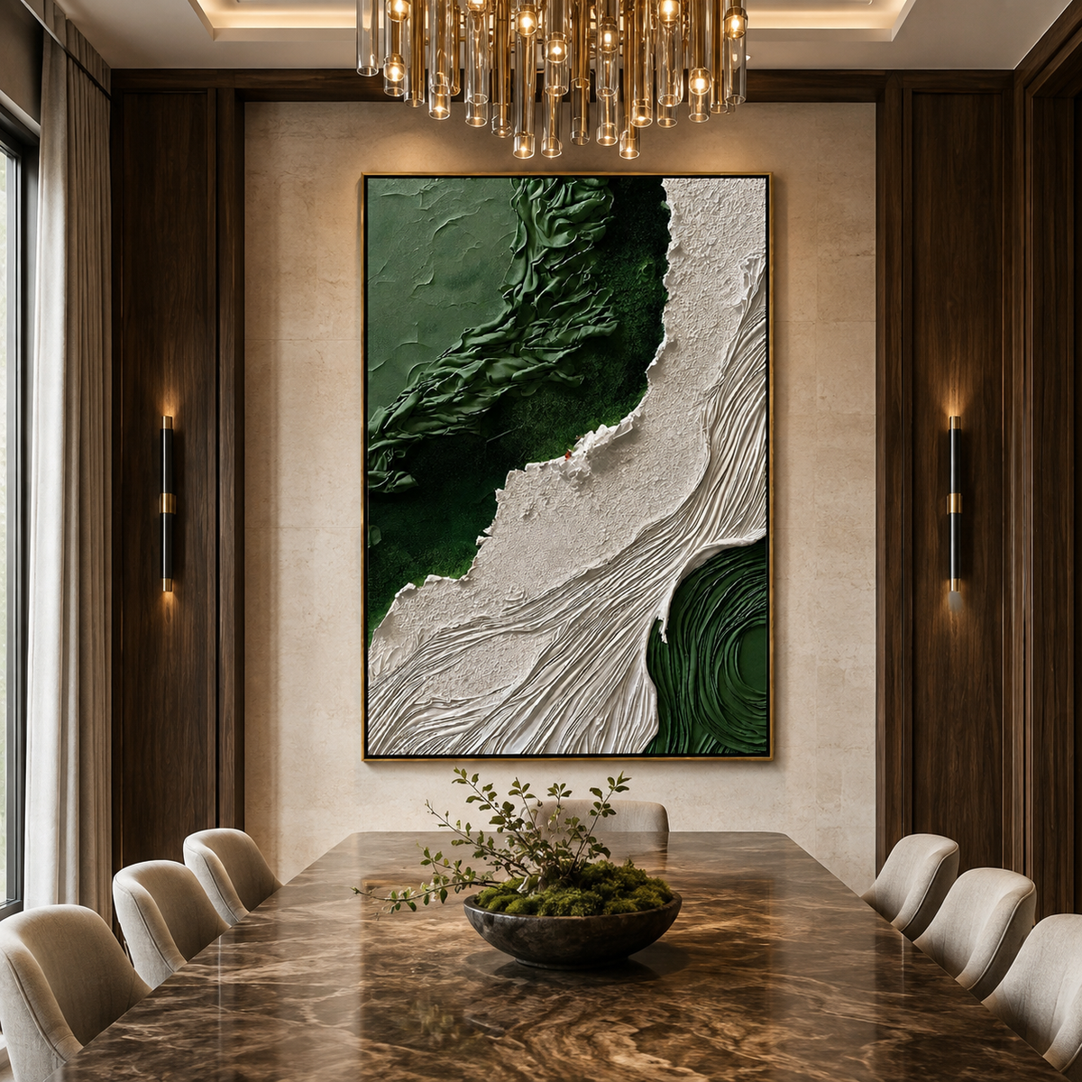 Verdant Rift-Green White Textured Abstract Painting