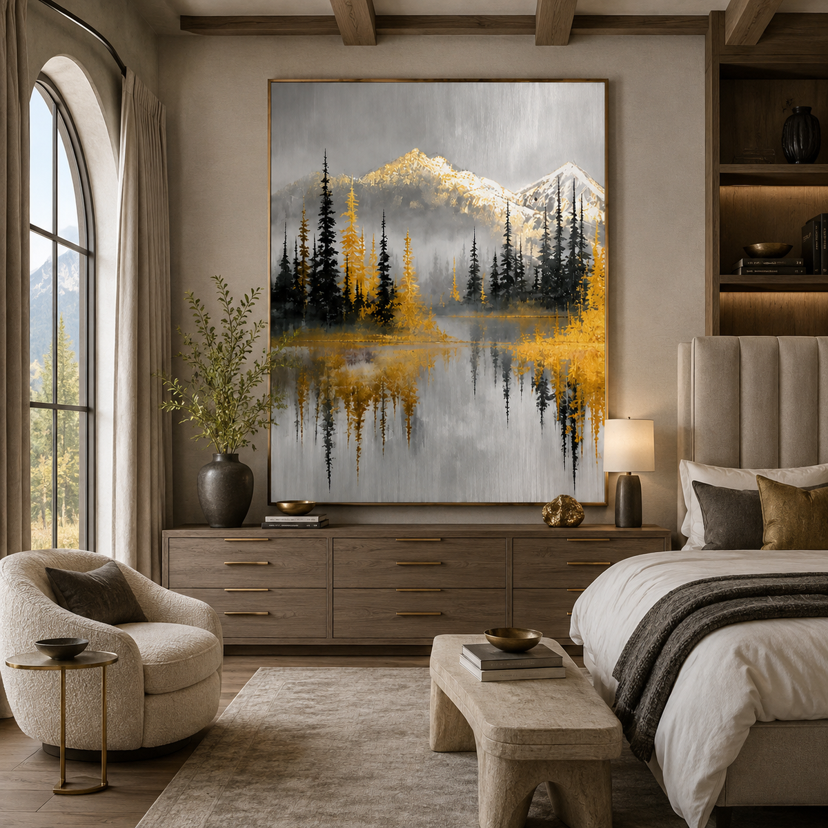 Golden Alpine-Mountain Forest Landscape Painting