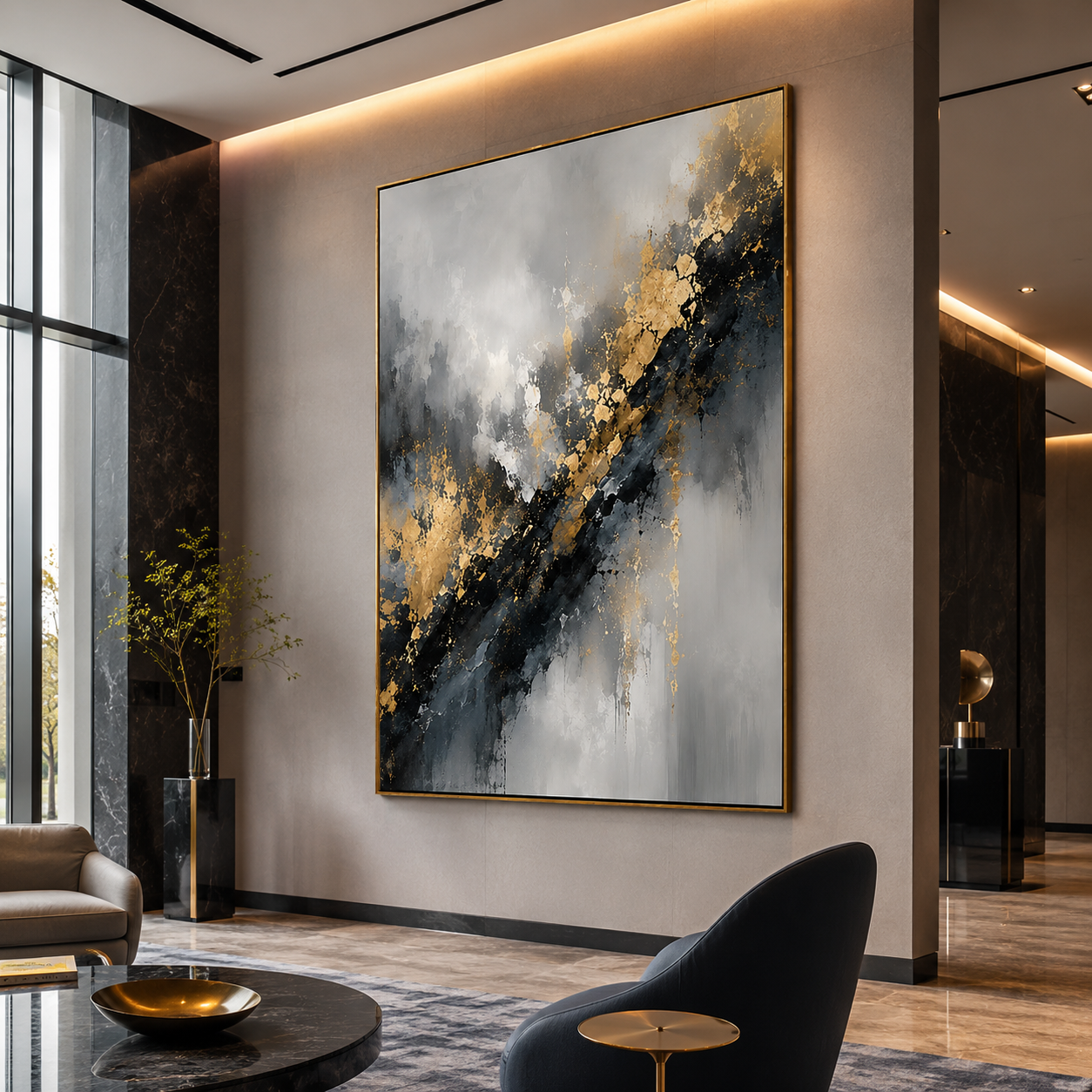 Gilded Rift-Black Gold Abstract Painting
