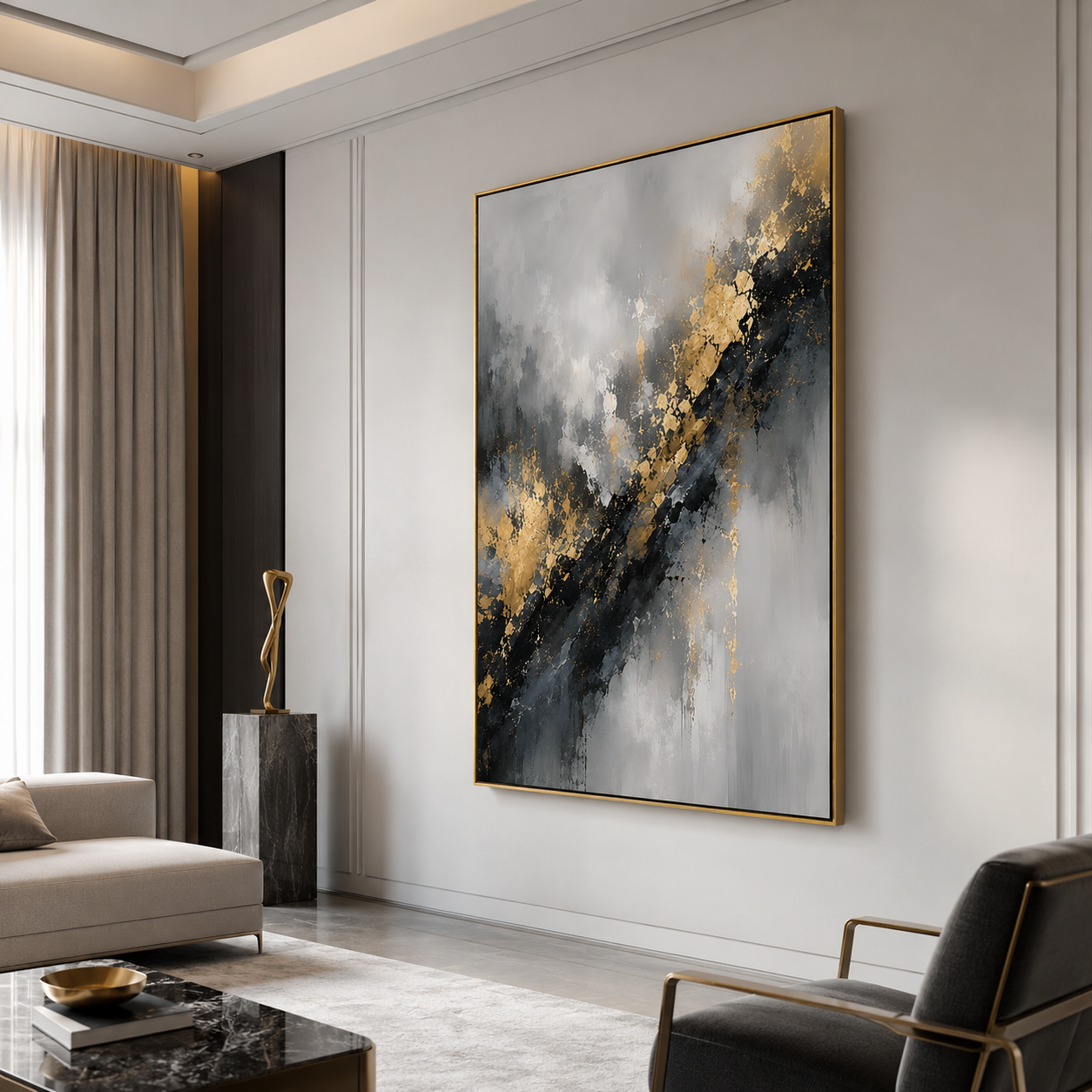 Gilded Rift-Black Gold Abstract Painting