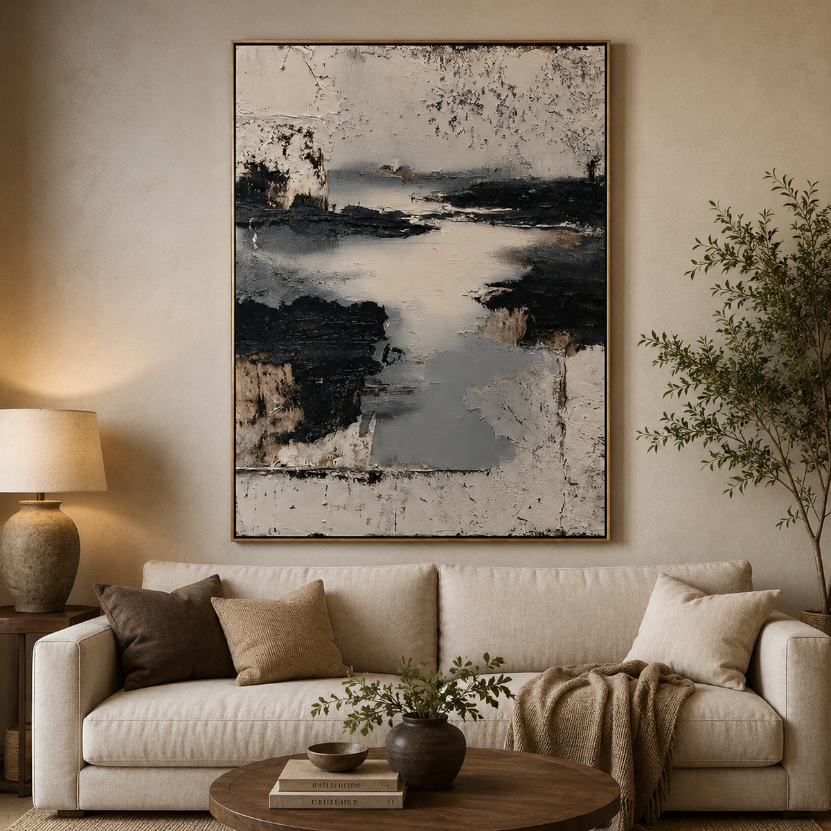 Silent Passage-Black and Beige Abstract Painting