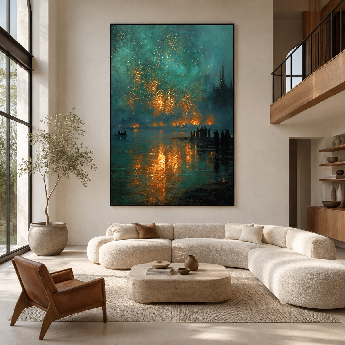 Midnight Harbor Glow-Blue Landscape Painting