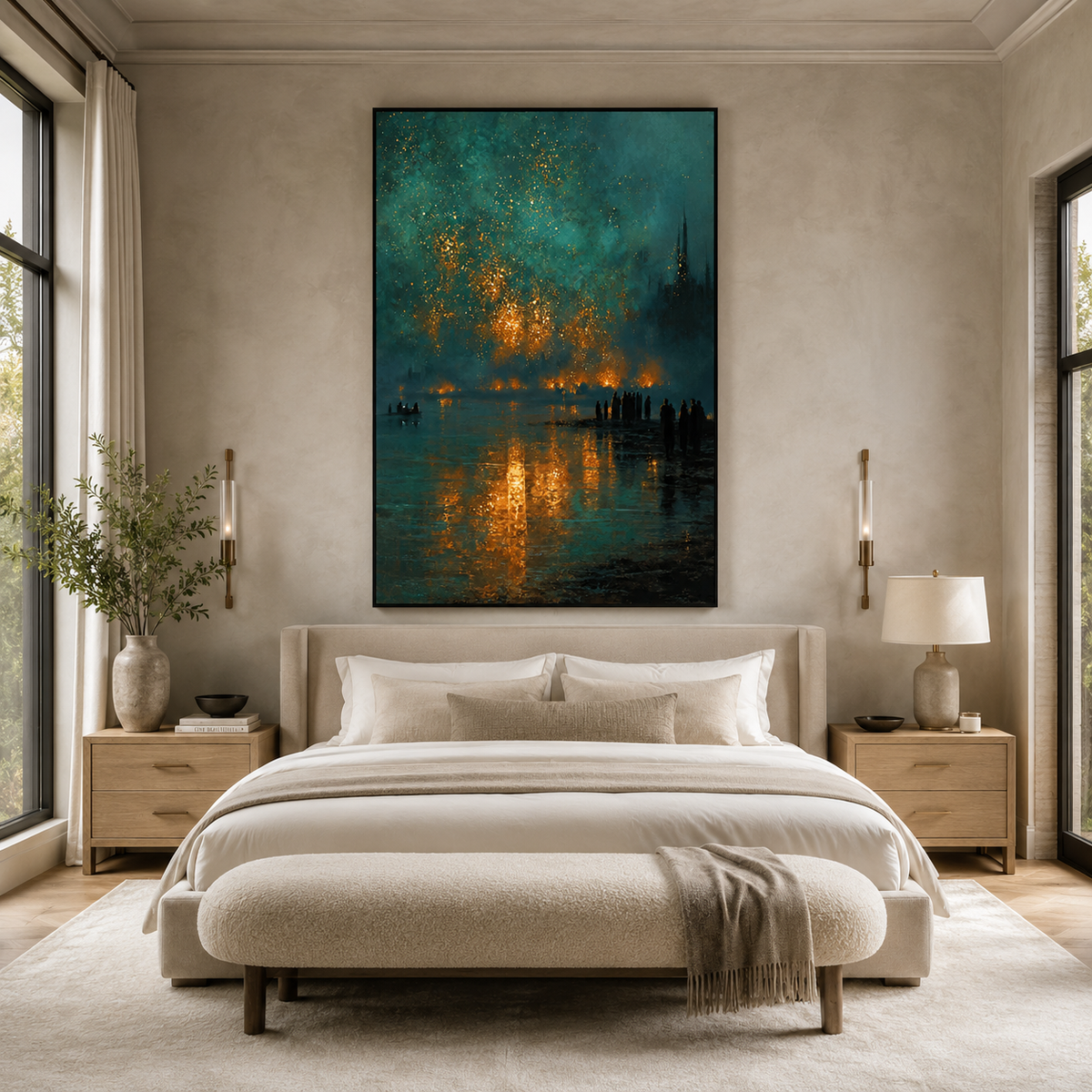 Midnight Harbor Glow-Blue Landscape Painting