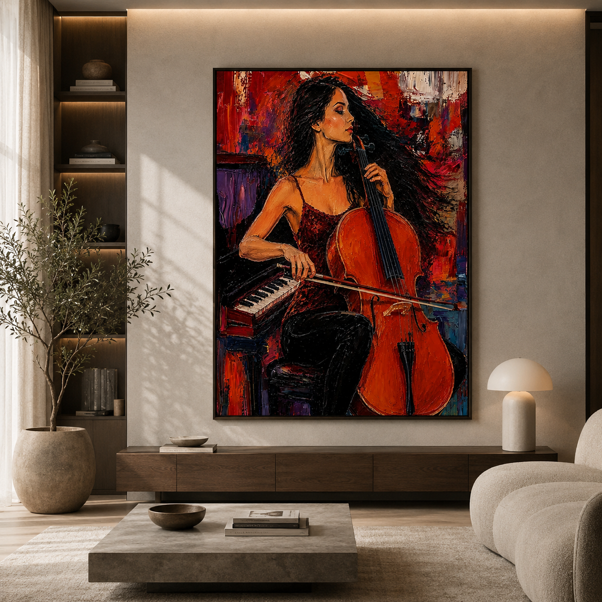 Crimson Sonata-Cellist Woman Painting