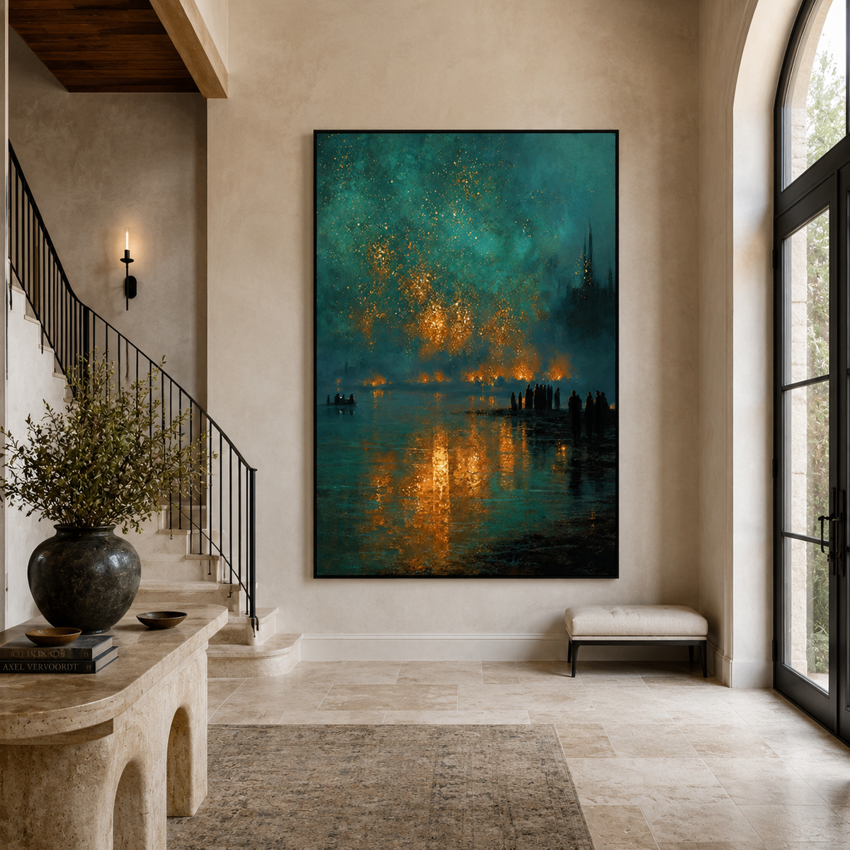 Midnight Harbor Glow-Blue Landscape Painting