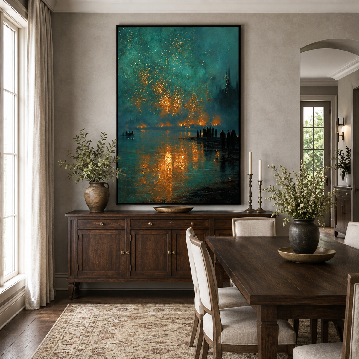 Midnight Harbor Glow-Blue Landscape Painting