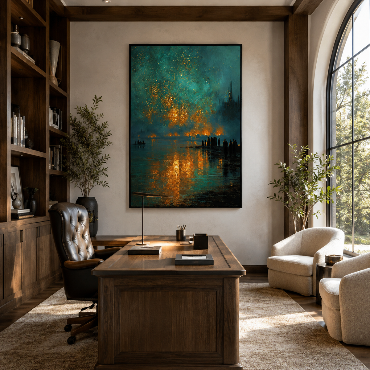 Midnight Harbor Glow-Blue Landscape Painting