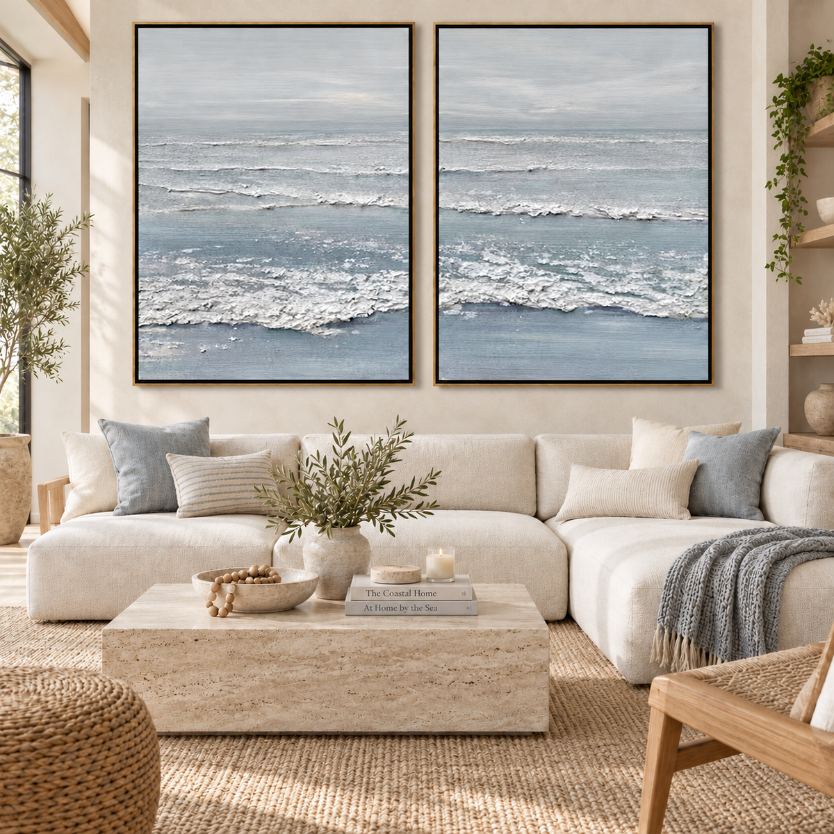 Silver Tide-Soft Blue Ocean Diptych Painting