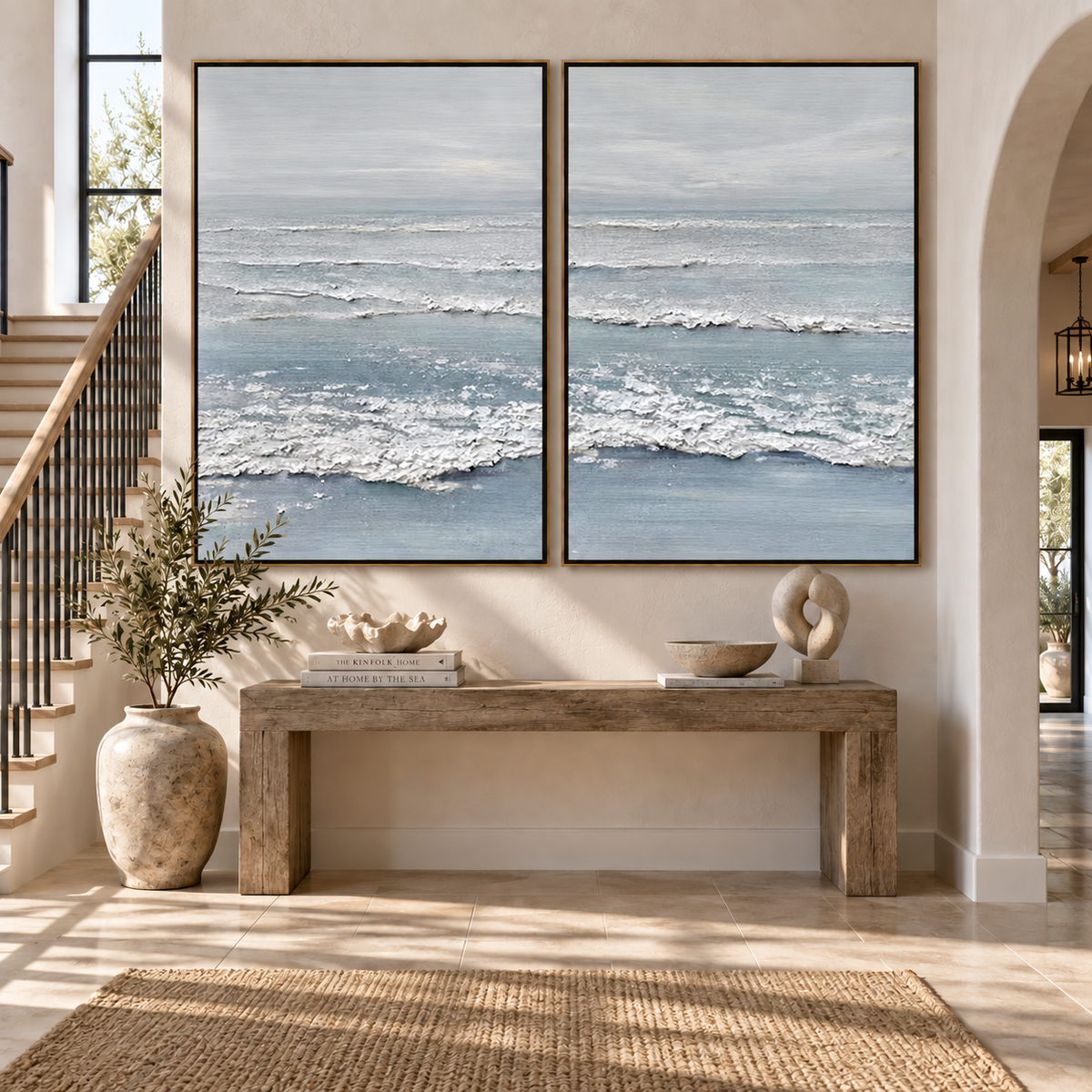 Silver Tide-Soft Blue Ocean Diptych Painting