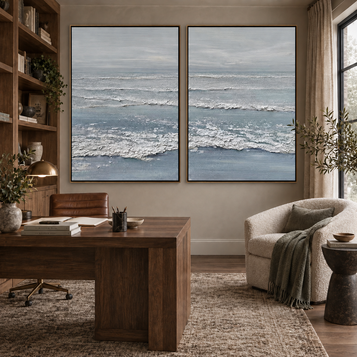 Silver Tide-Soft Blue Ocean Diptych Painting