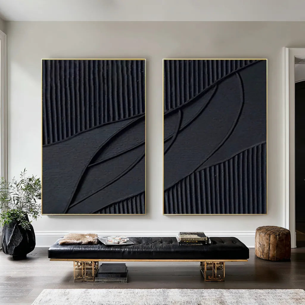 Midnight Contours | Black Minimalist Textured Wall Art
