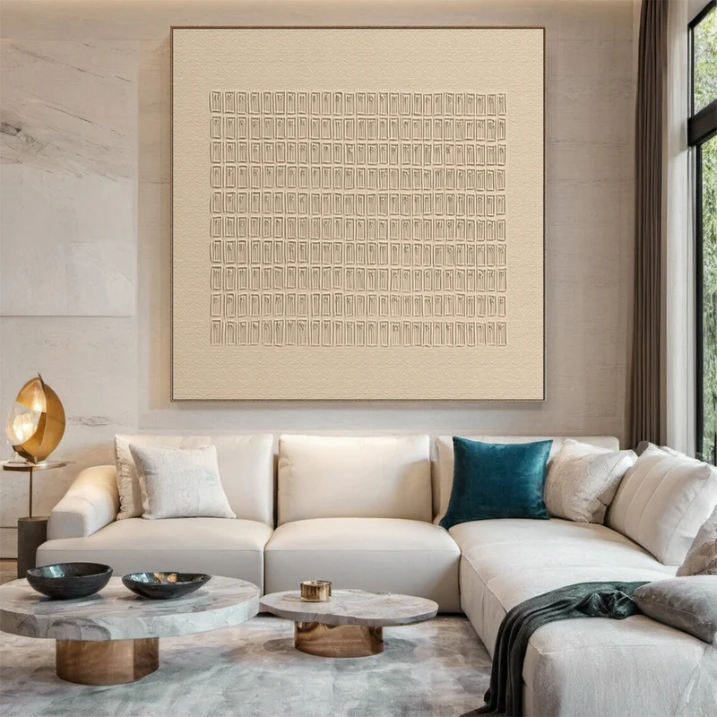 Silent Grid-Ivory Geometric Texture Painting