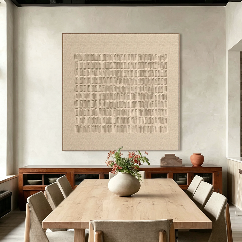 Silent Grid-Ivory Geometric Texture Painting