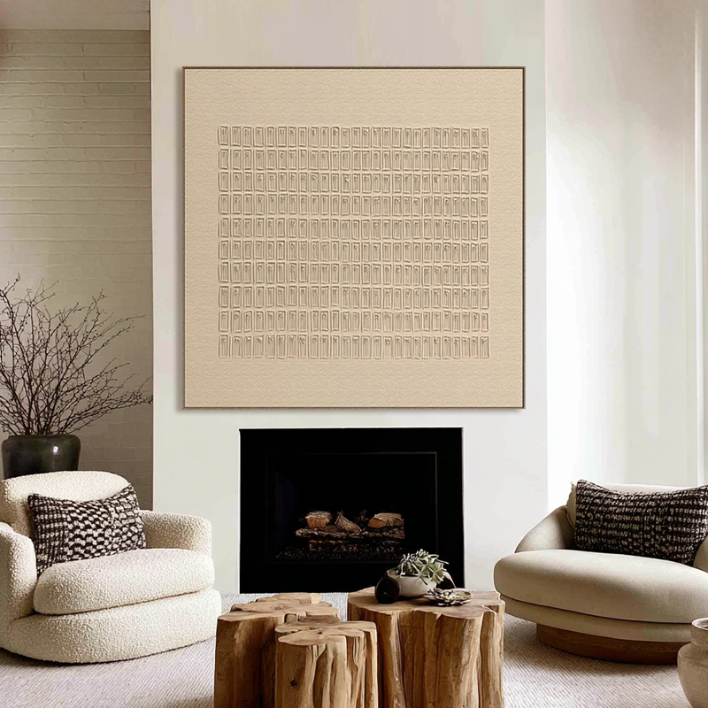 Silent Grid-Ivory Geometric Texture Painting