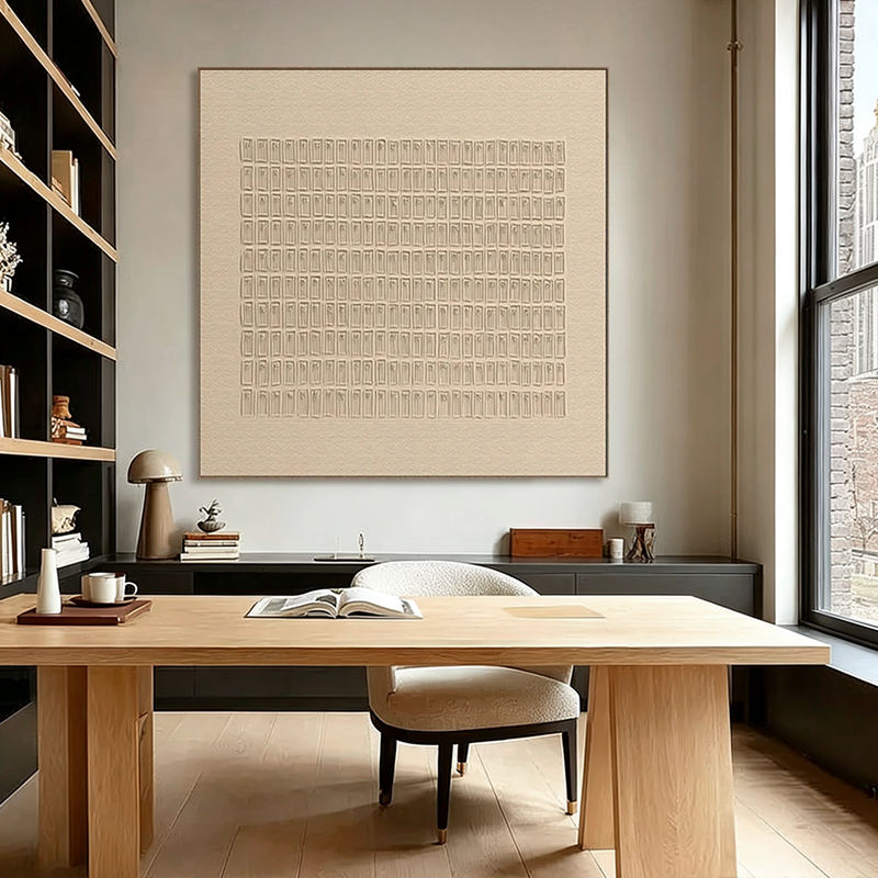 Silent Grid-Ivory Geometric Texture Painting