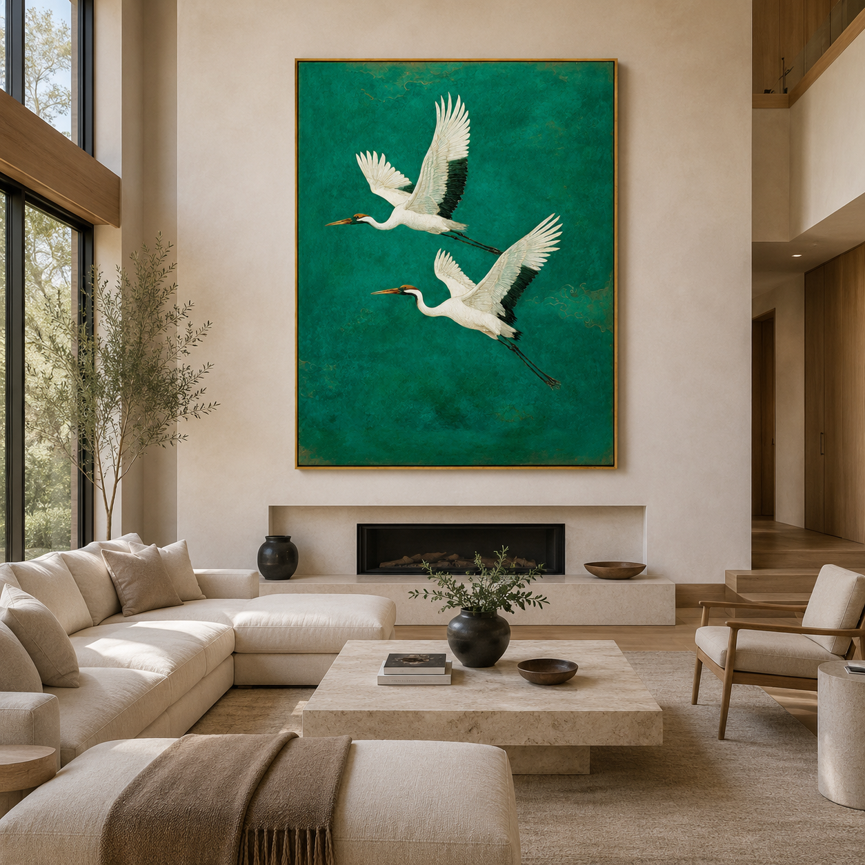 Emerald Flight-Two Crane Painting