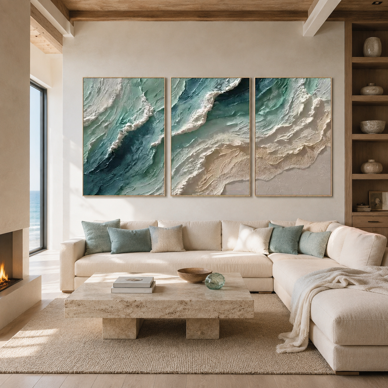 Ocean Mist Waves-Triptych Coastal Painting