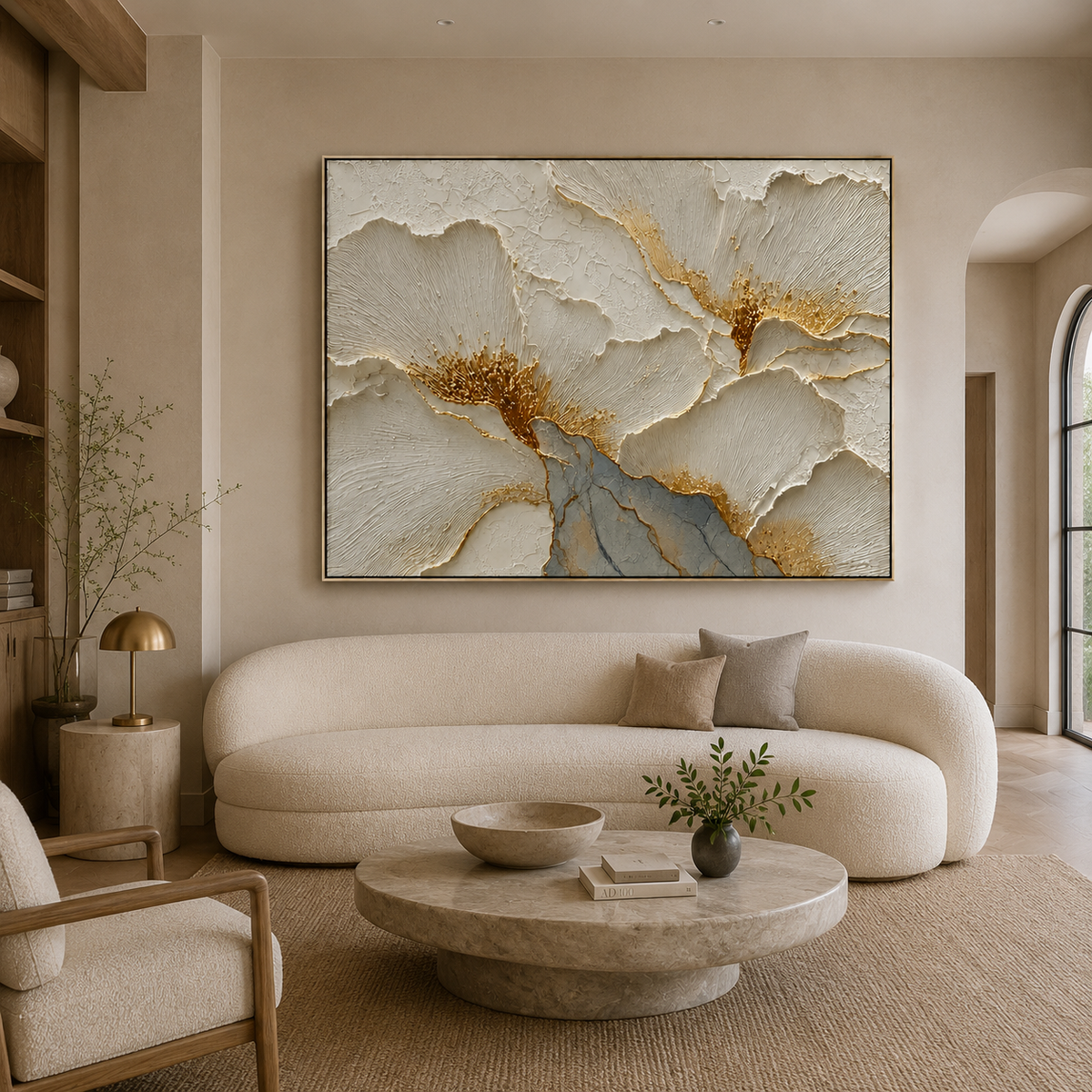 Gilded Petals-White Gold Floral Relief Painting