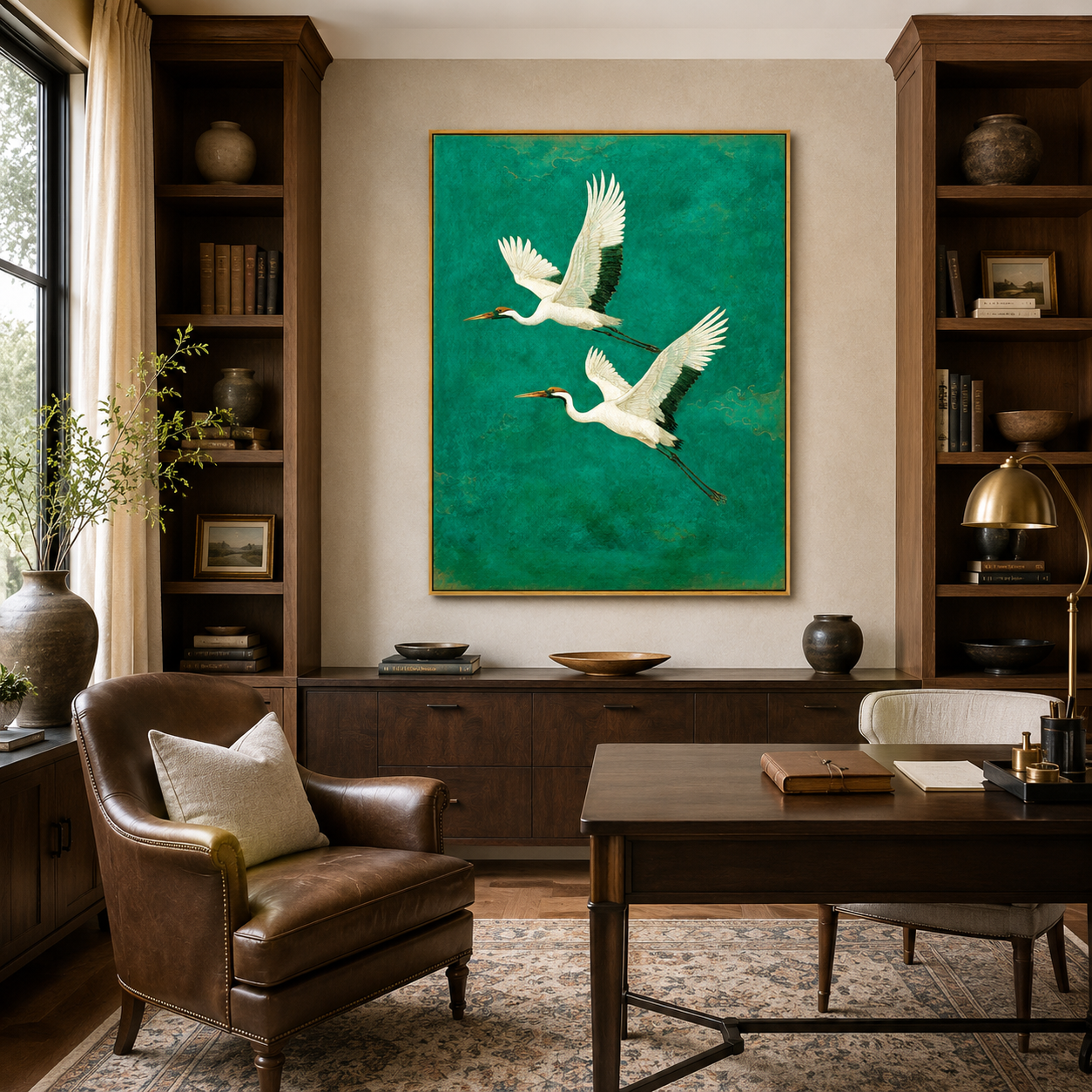 Emerald Flight-Two Crane Painting