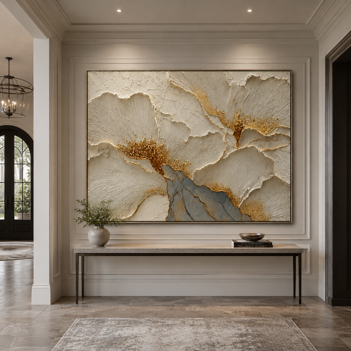Gilded Petals-White Gold Floral Relief Painting