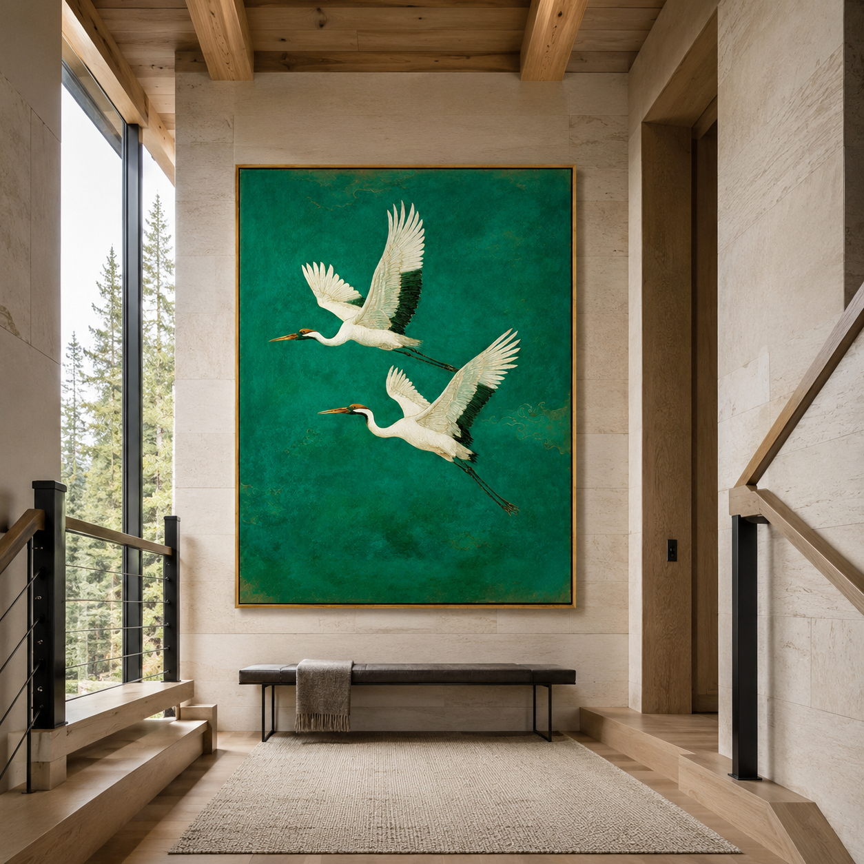 Emerald Flight-Two Crane Painting