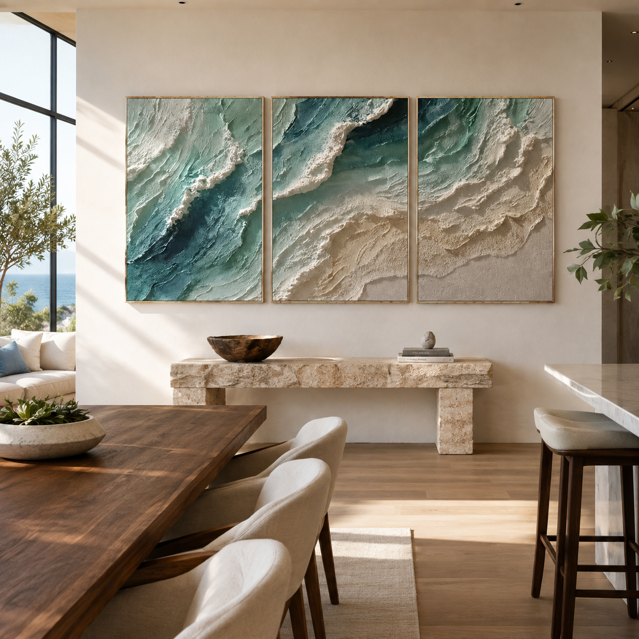 Ocean Mist Waves-Triptych Coastal Painting