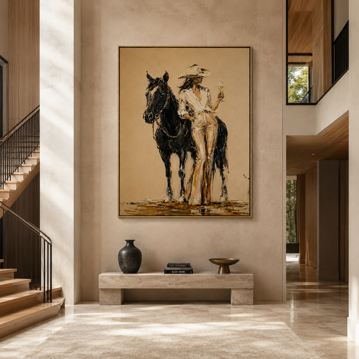 Champagne Cowgirl-Black Horse Western Painting